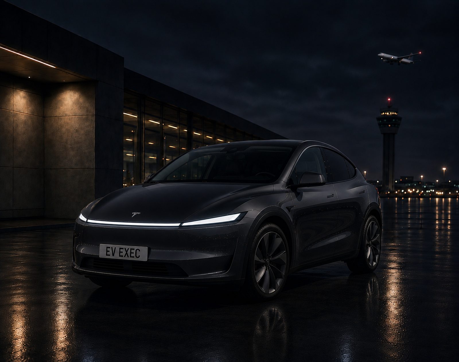 EV Exec grey Tesla Model Y Juniper parked at night with airport control tower in the background