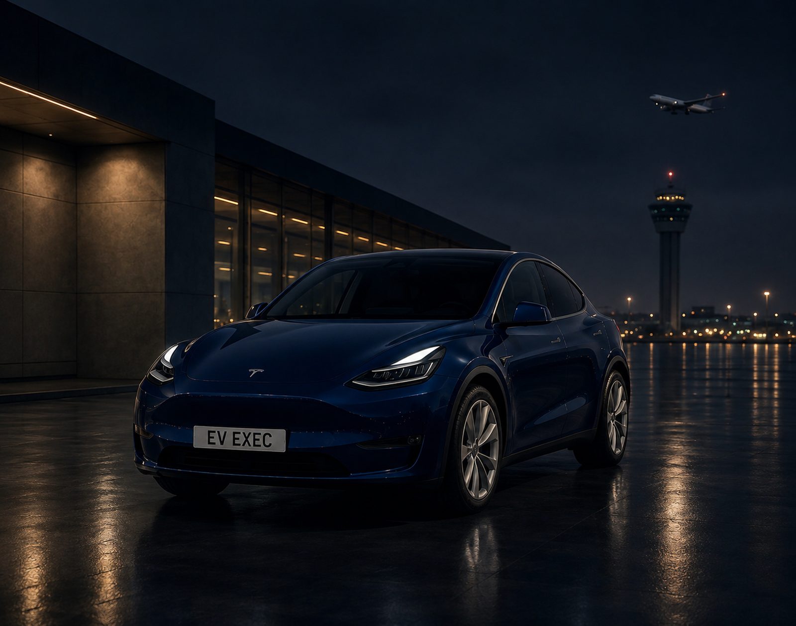 EV Exec navy Tesla Model Y parked at night with airport control tower in the background